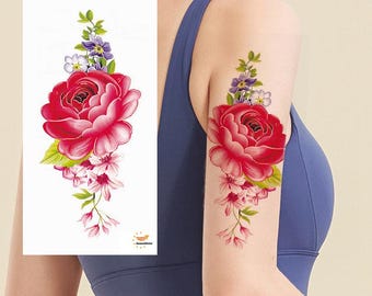 Tatuajes temporales de flores coloridas, rosas y lirios, margaritas, hojas verdes, bocetos dibujados a mano, para el cuerpo, el pecho, la cintura, los brazos, las piernas y el cuello. TSBX