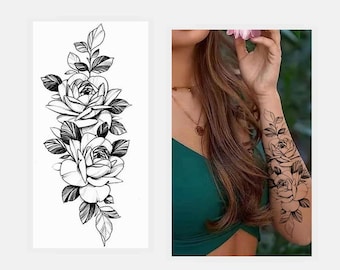 Peony Flowers Hand Drawing Body Tattoos Black Sketch Flower Floral Design Body Waist Arm Neck Leg Temporary Tattoo BKSeries