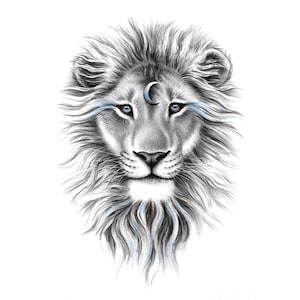 May include: A black and white drawing of a lion's head with a crescent moon above its forehead. The lion has a serious expression and blue eyes.