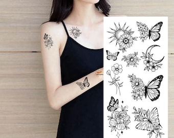 Butterfly Flowers Crescent Moon Sun Totem Temporary Tattoos Sunflower Daisy Black Hand Drawn Sketch Floral Body Arm Leg Tattoo WXBKSeries