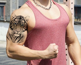 Tatuajes temporales de tigre de ojos azules, carnívoros, felinos, mamíferos grandes, cuerpo, pecho, cintura, brazo, cuello, serie THB