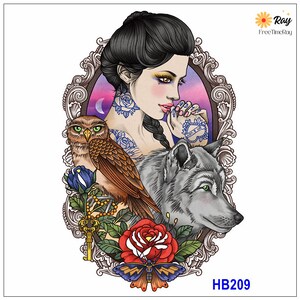 Japanese Geisha Wolf Owl Flower Body Chest Waist Arm Neck Temporary Waterproof Art Tattoos THBSeries