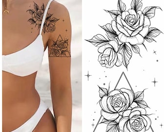 Flower Triangle Hand Drawing Body Tattoos Black Sketch Peony Rose Flower Floral Design Body Waist Arm Neck Leg Temporary Tattoo BKSeries