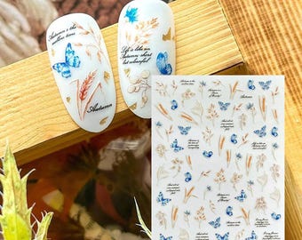 Wheat Plant Blue Butterfly Nail Sticker Gladiolus Tulips Lily Wheat Bunches Self Adhesive Nail Art Decals E4HY
