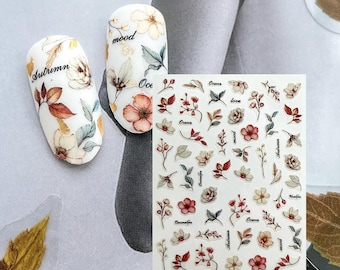 Flowers Autumn Leaf Branch Nail Stickers Wood Anemone Wild Rose Flowers Peony Forget Me Not Flower Branches Self Adhesive Nail Decals E4HY