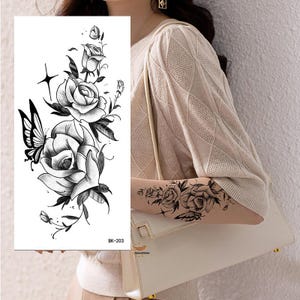 Flowers Butterfly Rose Body Tattoos Black Hand Drawn Flowers Leaf Stars Body Waist Arm Neck Temporary Art Tattoo BKSeries