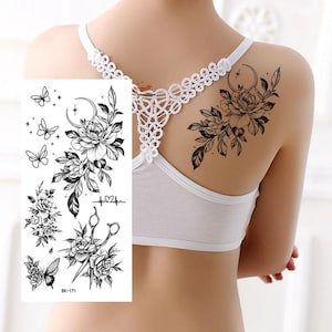 Flowers Butterfly Crescent Moon Temporary Tattoos Black Hand Drawn Sketch Floral Design Body Waist Arm Neck Leg Temporary Tattoo WXBKSeries