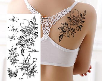 Flowers Butterfly Crescent Moon Temporary Tattoos Black Hand Drawn Sketch Floral Design Body Waist Arm Neck Leg Temporary Tattoo WXBKSeries
