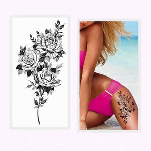 Black Rose Flower Body Tattoos Lotus Flower In Hand Crescent Moon Hand Drawn Peony Leaf Body Waist Arm Neck Temporary Art Tattoos BKSeries