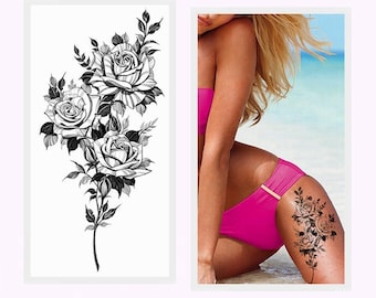Black Rose Flower Body Tattoos Lotus Flower In Hand Crescent Moon Hand Drawn Peony Leaf Body Waist Arm Neck Temporary Art Tattoos BKSeries