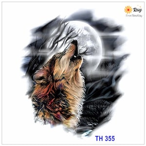 May include: A detailed illustration of a howling wolf against a backdrop of a full moon and silhouetted trees. The wolf's fur is rendered in shades of brown, tan, and white. The text "TH 355" is at the bottom.