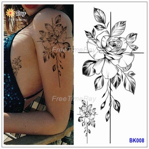 Rose Cross Black Flowers leaf Body Tattoos Geometric Lines Black Hand Drawn Flowers Leaf Body Waist Arm Neck Temporary Art Tattoos BKSeries