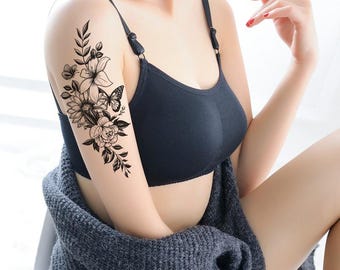 Black Flowers Butterfly Hand Drawing Body Tattoos Peony Sunflower Daisy Sketch Floral Design Waist Arm Neck Leg Temporary Tattoo BKSeries