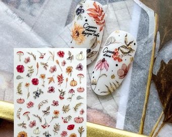 Autumn Leaf Flower Pumpkin Nail Stickers Daisy Sunflower Mushroom Blueberry Snail Red Berry Oak Acorns Self Adhesive Nail Decals E4HY