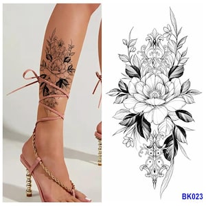 Flower Peony Hand Drawing Body Tattoos Black Sketch Flower Floral Design Shaded Flower Body Waist Arm Neck Leg Temporary Tattoo BKSeries