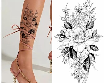 Flower Peony Hand Drawing Body Tattoos Black Sketch Flower Floral Design Shaded Flower Body Waist Arm Neck Leg Temporary Tattoo BKSeries