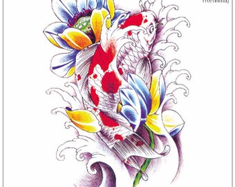 Pez koi Olas Flores de loto Nadando contra la corriente Tatuajes Nelumbo nucifera Colorido Pez Cuerpo Pecho Cintura Brazo Tatuajes temporales de arte THBSeries