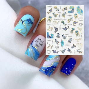 Gold Trim Ocean Animals Nail Stickers Gold Trim Whale Jellyfish Seafish Sea Waves English Words Sea Animals Self Adhesive Nail Decals E4HY