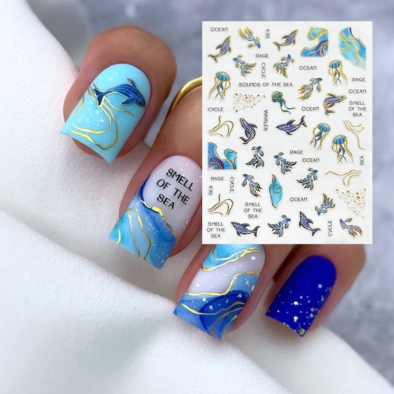 Gold Trim Ocean Animals Nail Stickers Gold Trim Whale Jellyfish Seafish Sea Waves English Words Sea Animals Self Adhesive Nail Decals E4HY