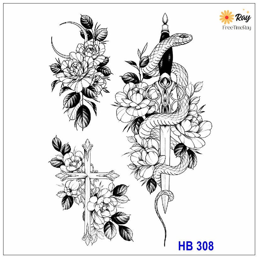 牡丹の花、蛇、剣、十字架、月のボディタトゥー。蛇の花、手描き
