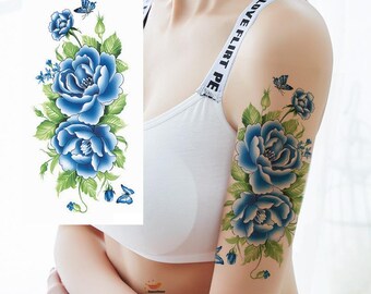 Tatuajes temporales de flores azules, mariposas y rosas, flores de peonía, hojas, bocetos dibujados a mano TSBX