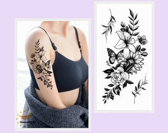 Black Flowers Butterfly Hand Drawing Body Tattoos Peony Sunflower Daisy Sketch Floral Design Waist Arm Neck Leg Temporary Tattoo BKSeries