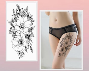 Black Flowers Hand Drawing Body Tattoos Black Sketch Flower Floral Design Body Waist Arm Neck Leg Temporary Tattoo BKSeries