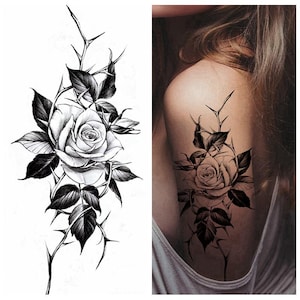 Black Spike Rose Flower Body Tattoos Thorn Rose Butterfly Roses Sunflower Leaf Body Waist Arm Neck Temporary Art Tattoos BKSeries