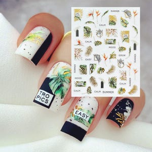 Adesivos de Nail Art com Folhas de Palmeira Tropical com Acabamento Dourado, Folhas de Palmeira Monstera, Samambaia, Folhas, Flor, Crescimento de Verão, Adesivos de Nail Art Autoadesivos E4HY