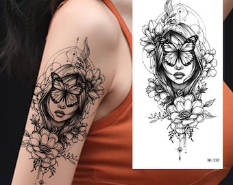 Tatuajes temporales de flores de mariposa con cabeza de flor, rostro de mujer, flor de mariposa, boceto dibujado a mano negro, tatuaje floral para cuerpo, brazo y pierna, serie WXBK