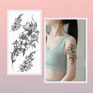 Flor Lírio Mão Desenho Tatuagens Corporais Preto Esboço Flor Floral Design Corpo Cintura Braço Pescoço Perna Tatuagem Temporária BKSeries