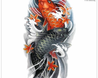 Tatuajes de ondas de peces Koi nadando aguas arriba, ondas de peces rojas y negras, cuerpo, pecho, cintura, brazo, tatuajes artísticos temporales THBSeries
