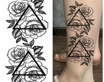 Flower in Triangle Hand Drawing Body Tattoos Black Sketch Flower Floral Design Shaded Body Waist Arm Neck Leg Temporary Tattoo BKSeries