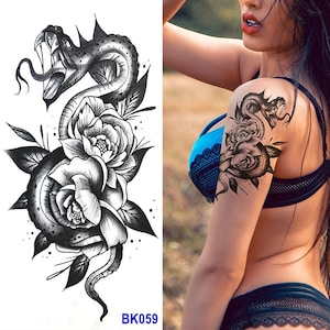 Snake Peony Rose Flower Body Tattoos Leaf Body Waist Arm Neck Temporary Art Tattoos BKSeries