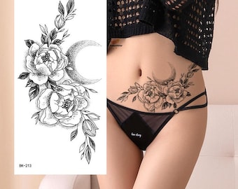 Tatuaggi temporanei per il corpo, fiori, foglie, rami, peonie, luna crescente, fiori, schizzo disegnato a mano, corpo, vita, braccio, BKSeries