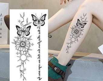 Fiore, girasole, farfalla, mezzaluna, sole, parole inglesi, tatuaggi temporanei, schizzo disegnato a mano, corpo, braccio, gamba, tatuaggio temporaneo WXBKSeries