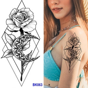 Flower Crescent Moon Rose Body Tattoos Black Sketch Rose Flower Branch Leaf Moon Totem Body Waist Arm Neck Temporary Art Tattoos BKSeries