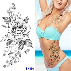 Rose Flower Leaves Mosquito Body Tattoos Black Hand Drawn Rose Flower Branch Leaf Body Waist Arm Neck Temporary Art Tattoos BKSeries