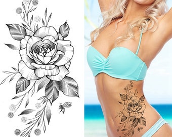 Rose Flower Leaves Mosquito Body Tattoos Black Sketch Rose Flower Branch Leaf Body Waist Arm Neck Temporary Art Tattoos BKSeries