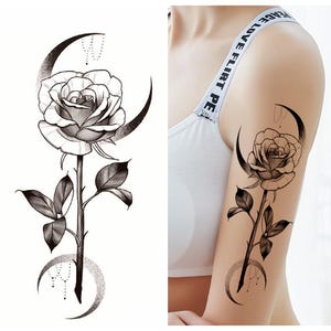 Shaded Crescent Moon Flower Body Tattoos Black Roses Leaf Moon Hand Drawing Body Waist Arm Neck Temporary Art Tattoos FFSeries
