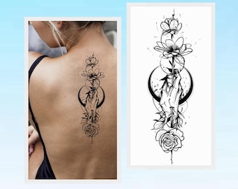 Lotus Rose Flower In Hand Crescent Moon Body Tattoos Black Hand Drawn Peony Flower Leaf Body Waist Arm Neck Temporary Art Tattoos BKSeries