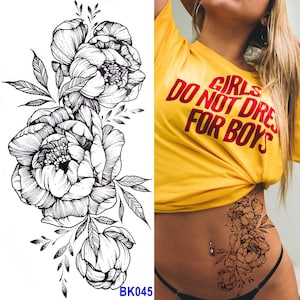 Black Peony Rose Flower Body Tattoos Paeonia Roses Sunflower Leaf Hand Drawing Sketch Floral Waist Arm Leg Temporary Art Tattoos BKSeries