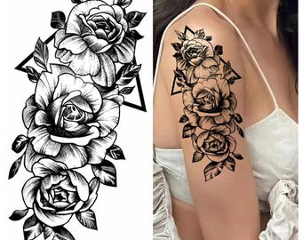 Peony Flower Triangle Hand Drawing Body Tattoos Black Sketch Flower Floral Design Shaded Body Waist Arm Neck Leg Temporary Tattoo BKSeries
