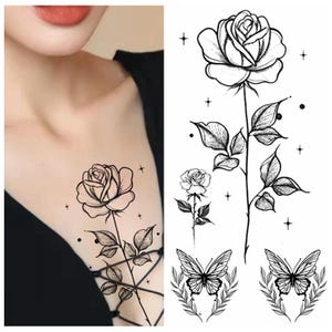 Ramo Rosa Flor Borboleta Mão Desenho Tatuagens Corporais Preto Esboço Flor Floral Design Corpo Cintura Braço Pescoço Perna Tatuagem Temporária BKSeries