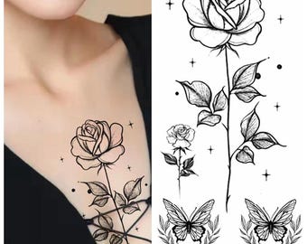 Branch Rose Flower Butterfly Hand Drawing Body Tattoos Black Sketch Flower Floral Design Body Waist Arm Neck Leg Temporary Tattoo BKSeries