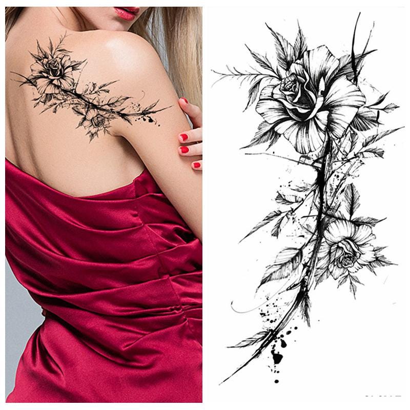 Black Spike Rose Flower Body Tattoos Thorn Rose Butterfly Roses ...
