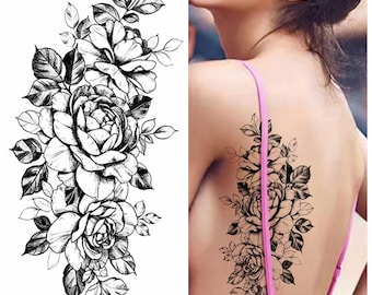Black Peony Flower Hand Drawing Body Tattoos Black Sketch Flower Floral Design Body Waist Arm Neck Leg Temporary Tattoo BKSeries