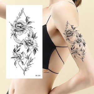 Flower Crescent Moon Body Tattoos Geometric Shapes Triangle Flowers Leaf Branch Black Hand Drawn Body Waist Arm Temporary Tattoo BKSeries