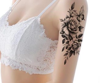 Peony Flowers Butterfly Hand Drawing Body Tattoos Black Sunflower Daisy Bird Sketch Floral Design Waist Arm Leg Temporary Tattoo BKSeries