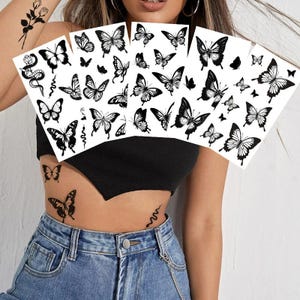 Butterfly Snake Rose Flowers Body Tattoos Black Hand Drawn Flowers Leaf Body Waist Arm Neck Temporary Art Tattoo BKSeries